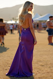 Dark Purple Spaghetti Straps Tassels Long Wedding Guest Dress with Slit