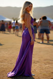 Dark Purple Spaghetti Straps Tassels Long Wedding Guest Dress with Slit