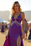 Dark Purple Spaghetti Straps Tassels Long Wedding Guest Dress with Slit