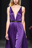 Dark Purple Satin Spaghetti Straps A-Line Long Wedding Guest Dress