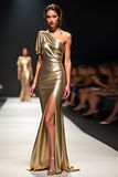 Golden Sheath One Shoulder Flutter Sleeve Gala Dress with Slit