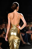 Metallic Golden Spaghetti Straps Sheath Gala Dress with High Slit