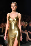 Metallic Golden Spaghetti Straps Sheath Gala Dress with High Slit