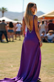 Dark Purple Spaghetti Straps Open Back Long Wedding Guest Jumpsuit