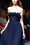 Navy Tulle Strapless A-Line Long Wedding Guest Dress with Ruffles