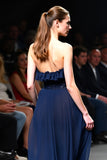 Navy Tulle Strapless A-Line Long Wedding Guest Dress with Ruffles