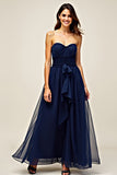 Navy Tulle Sweetheart A-Line Long Wedding Guest Dress with Ruffles