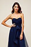 Navy Tulle Sweetheart A-Line Long Wedding Guest Dress with Ruffles