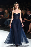 Navy Open Back Sweetheart A-Line Tulle Long Wedding Guest Dress