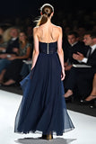 Navy Open Back Sweetheart A-Line Tulle Long Wedding Guest Dress