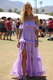 Lilac Ruffled Off The Shoulder Wedding Guest Dress with Slit