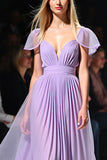 Simple A Line Lilac Chiffon Ruched Formal Dress with Cape Sleeves