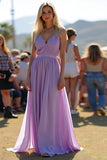 Simple Lilac Spaghetti Straps Long V-Neck Wedding Guest Dress