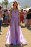 Simple Lilac Spaghetti Straps Long V-Neck Wedding Guest Dress