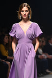 Purple V-Neck A-Line Ruched Long Wedding Guest Dress