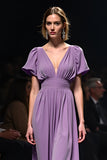 Purple V-Neck A-Line Ruched Long Wedding Guest Dress