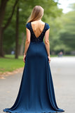 Navy A Line Long V Neck Beaded Mother of the Bride Dress with Short Sleeves