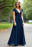 Navy A Line Long V Neck Beaded Mother of the Bride Dress with Short Sleeves