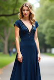 Navy A Line Long V Neck Beaded Mother of the Bride Dress with Short Sleeves