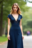 Navy A Line Long V Neck Beaded Mother of the Bride Dress with Short Sleeves