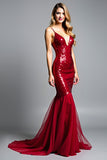 Mermaid Red Spaghetti Straps V-Neck Sequin Prom Dress