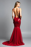 Mermaid Red Spaghetti Straps V-Neck Sequin Prom Dress