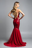 Mermaid Red Spaghetti Straps V-Neck Sequin Prom Dress