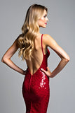 Mermaid Red Spaghetti Straps V-Neck Sequin Prom Dress