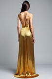 Golden A Line Deep V-Neck Backless Ruched Prom Dress