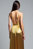 Golden A Line Deep V-Neck Backless Ruched Prom Dress