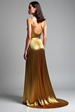 Golden A Line Spaghetti Straps Ruched Prom Dress