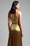 Golden A Line Spaghetti Straps Ruched Prom Dress