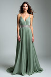 Dusty Sage Ruched Spaghetti Straps A Line Formal Dress