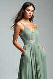 Dusty Sage Ruched Spaghetti Straps A Line Formal Dress