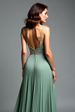 Dusty Sage Spaghetti Straps Ruched A Line Prom Dress with Slit