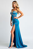 Blue Strapless Sheath Sequined Prom Dress with Slit