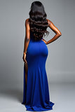 One Shoulder Sheath Royal Blue Formal Dress with Slit