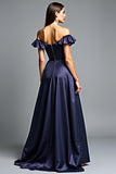 Off the Shoulder Navy Satin A Line Formal Dress