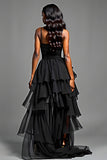 Spaghetti Straps Black High Low Ruffled Long Formal Dress