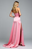 Hot Pink A Line Strapless Prom Dress With Bow