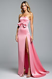 Hot Pink A Line Strapless Prom Dress With Bow