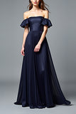 Off the Shoulder Navy Ruched A Line Formal Dress