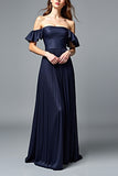 Off the Shoulder Navy Ruched A Line Formal Dress