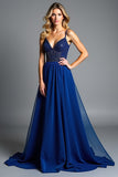 Sparkly Royal Blue Tulle Spaghetti Straps A Line Formal Dress with Beading