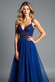 Sparkly Royal Blue Tulle Spaghetti Straps A Line Formal Dress with Beading