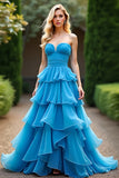 A Line Blue Sweetheart Ruffled Tiered Prom Dress