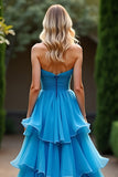 A Line Blue Sweetheart Ruffled Tiered Prom Dress