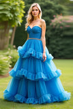 Blue A Line Sweetheart Ruffled Tiered Prom Dress