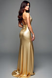 Golden Halter Sheath Backless Long Prom Dress with Slit