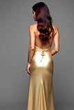 Golden Halter Sheath Backless Long Prom Dress with Slit